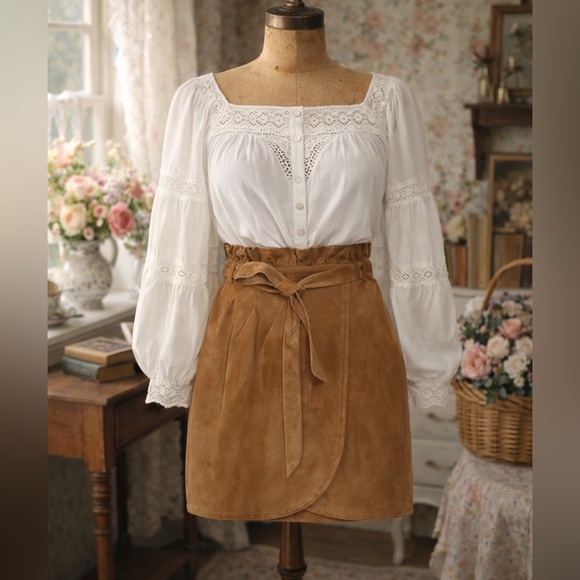 ba&sh Dresses & Skirts - Ba&sh Sun Paper bag Waist Brown Real Leather Suede Wrap, Tie Ruffle Skirt